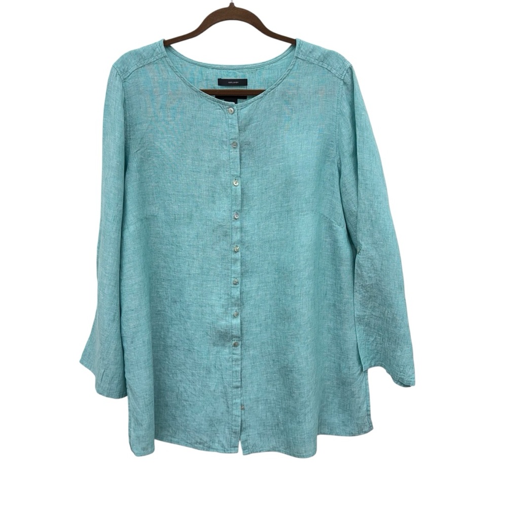 Tahari Teal Linen Button Down Top - Picture 2 of 11
